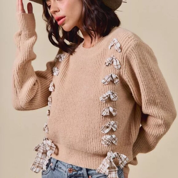 SO ME Checkered Plaid Tape Lace Up Ribbed‎ Sweater - Picture 5 of 16